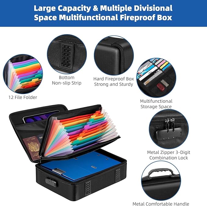 File Organizer, Hard Case Fireproof Document Box with Lock, Hard-Shell Important Document Organizer Safe Box Fireproof Waterproof, Home Office Supplies Storage and Organization (Pink)