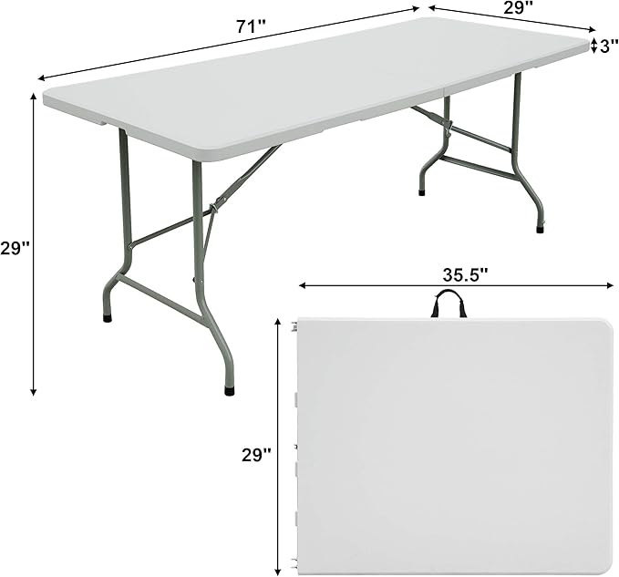 FORUP 6ft Table, Folding Utility Table, Fold-in-Half Portable Plastic Picnic Party Dining Camp Table (White)