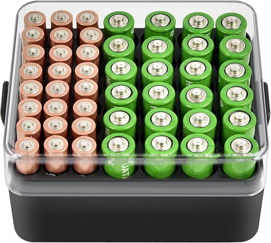 ALCYON Battery Organizer Storage Case, Battery Vault Box Container for 48pcs AA AAA Batteries, Plastic Clear Protective Battery Holder for Travelling/Home/Office (Black, Medium)