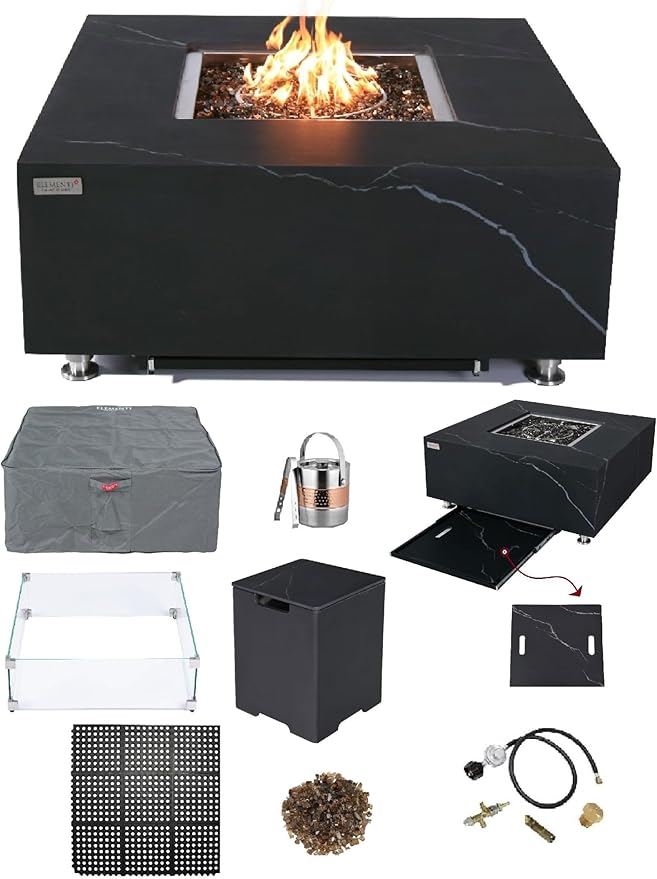Elementi+ | Bundle Sofia Gas Fire Pit | Marble Porcelain & Metal Frame | 40" Square Fire Table | Electronic Ignition | Canvas Cover, Fire Glass & Burner Lid Included | Black | Propane Gas
