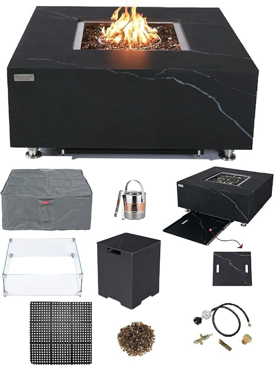 Elementi+ | Bundle Sofia Gas Fire Pit | Marble Porcelain & Metal Frame | 40" Square Fire Table | Electronic Ignition | Canvas Cover, Fire Glass & Burner Lid Included | Black | Propane Gas