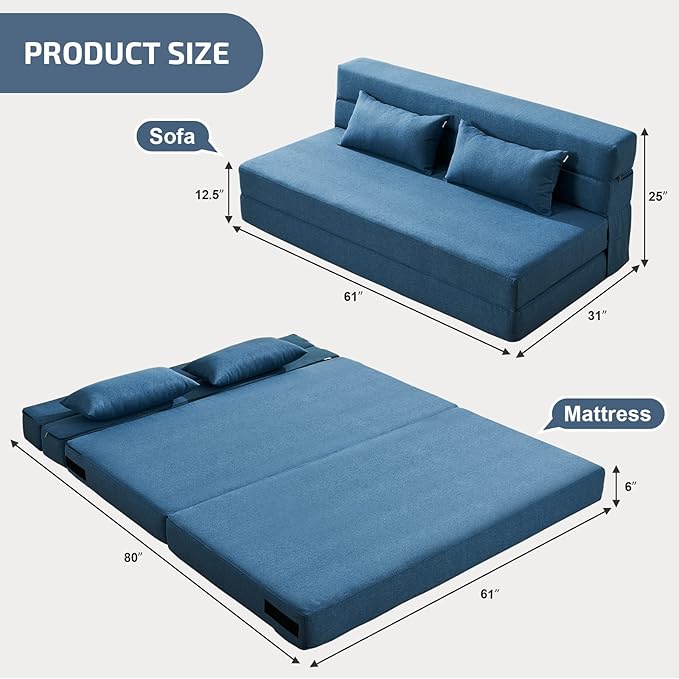 Folding Sofa Bed with Pillows- Convertible Chair Floor Couch & Sleeping Mattress, Foldable Memory Foam Sleeper for Living Room/Dorm/Guest Room/Home Office/Apartment/Loft, Queen, Navy Blue