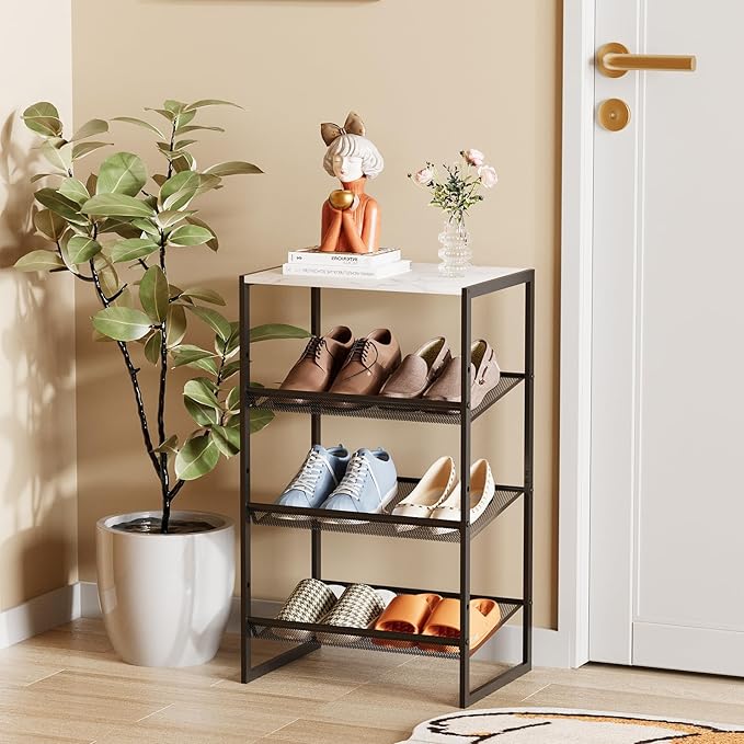 Garden 4 you 4 Tiers Narrow Shoe Rack,Small Space Freestanding Shoe Storage Organizer with White Wooden Tabletop,Adjustable Metal Shelf Stackable Shoe Shelf for Entryway Hallway Living Room Closet