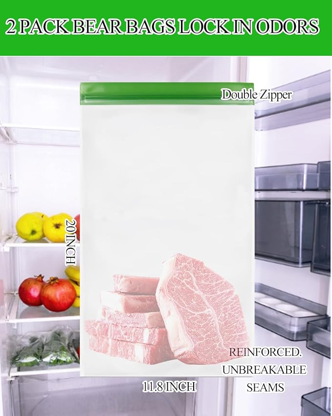 2 pack Bear Bags for Food Backpacking, Double Seal Reusable Odor Barrier Storage Bags Camping, 7.87 Mil No-Odor Zipper Barrier Bags Fit Home Organization, Food Storage,Freezer Safe (12x20in)