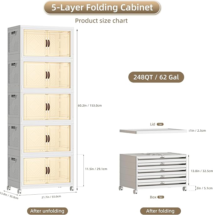 248 QT / 62 Gal Stackable Collapsible Storage Bins (1 Lid) with Magnetic Doors & Wheels - Plastic Cabinet Organizer for Home Office Closet, White Space-Saving Containers