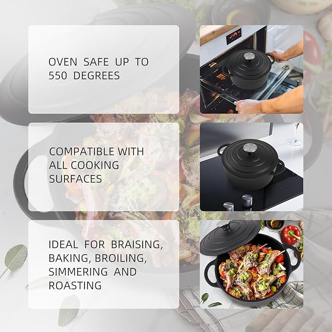 3 Quart Dutch Oven Enameled Cast Iron with Lid - Big Dual Handles - Oven Safe up to 500°F - Classic Round Pot for Versatile Cooking Matte Black(No Enameled)