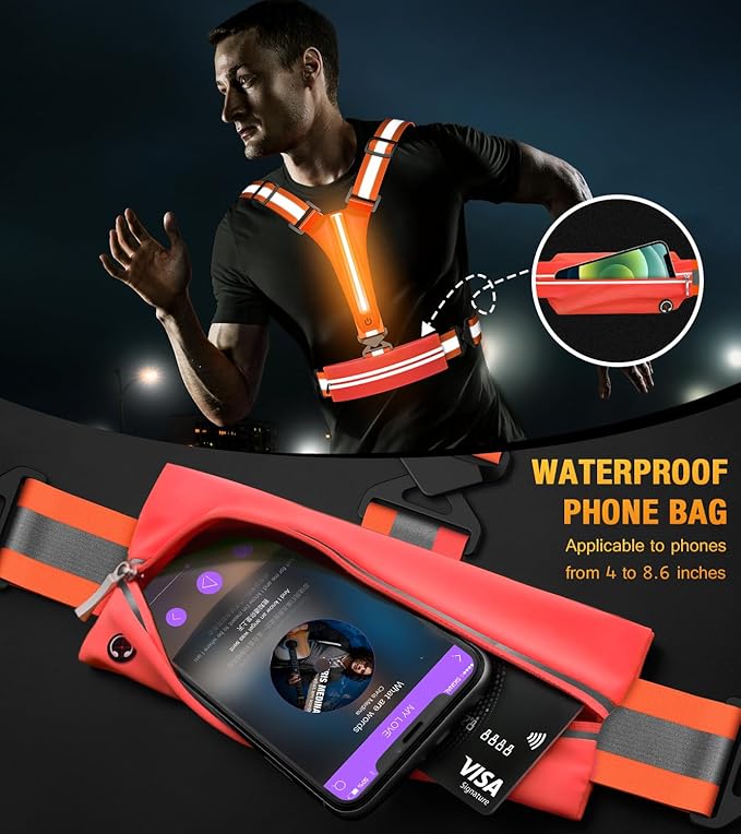 LED Reflective Vest Running Gear Set,USB Rechargeable Light Up Running Vest for Runners Night Walking with Waterproof Phone Bag,High Visibility Armband,Adjustable Waist&Shoulder for Men Women