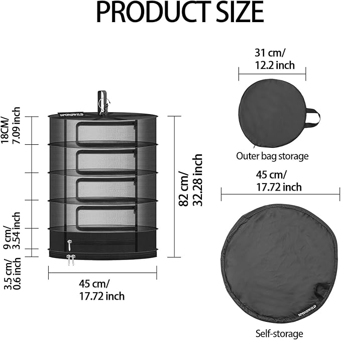 Herb Drying Rack Hanging Mesh Net，Medium 4+1 Layer Plant Drying Rack with Door-Type Zipper & Closed Storage Compartment for Folding Basket Dryer Fit in Grow Tents、Garden Outdoor