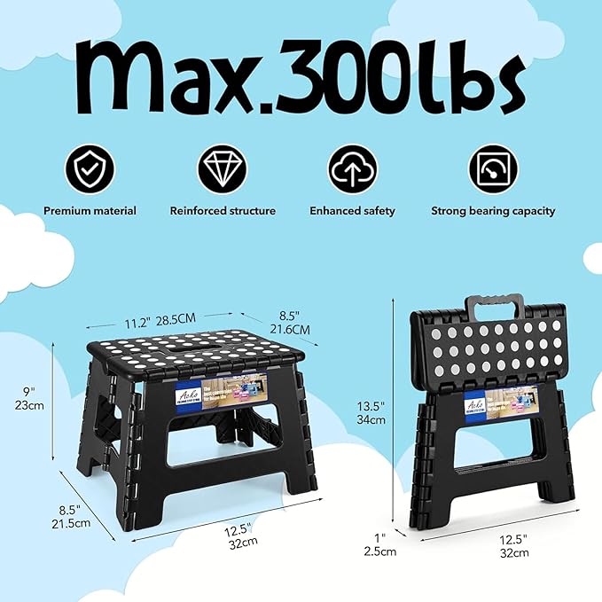 ACKO Folding Step Stool 9 Inch 300 lb Capacity, Plastic Foldable Step Stools for Kids and Adults, Folding Stools Suitable for Kitchen, Stepping Stool with Handle Black 1PC