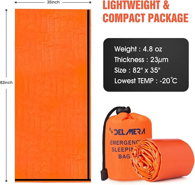 Delmera Emergency Sleeping Bag, Lightweight Survival Sleeping Bags Waterproof Thermal Emergency Blanket, Bivy Sack Survival Gear for Outdoor Adventure, Camping, Hiking, Orange, Green