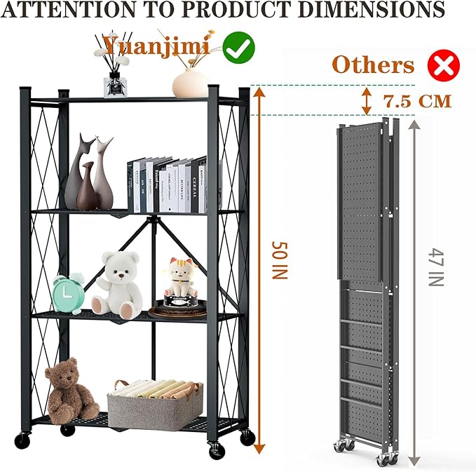 4 Tier Foldable Storage Shelf with Wheels, Heavy Duty Folding Shelf Loads 600 LBS, Metal Steel Collapsible Shelves, Rolling Standing Utility Rack for Kitchen, Pantry, Office, Black