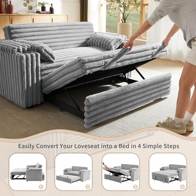 68" Corduroy Convertible Sofa Bed with USB, Storage Armrests & Pillows – 3-in-1 Foldable Sleeper Chair Floor Couch for Living Room, Bedroom, Guest Room (ZY-1109-Light Gray)