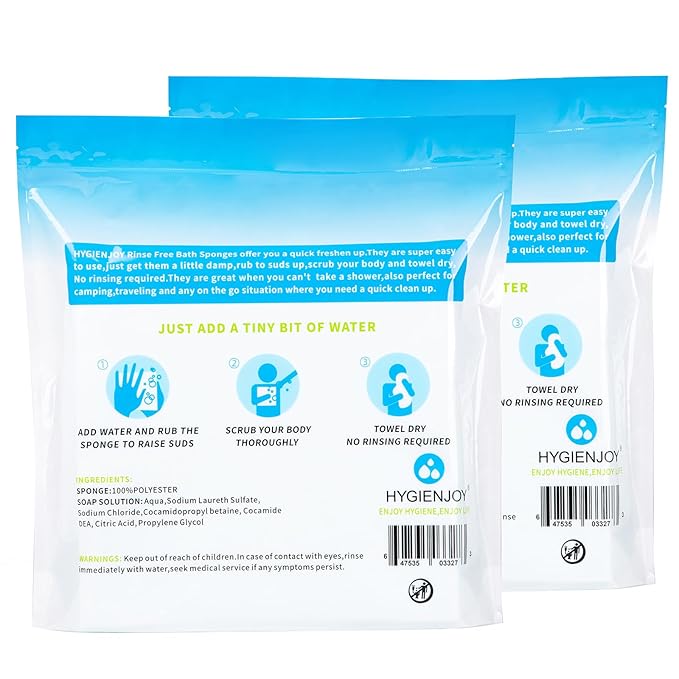 HYGIENJOY-21% Larger,No Rinse Bathing Wipes for Adults-Rinse Free Bath Sponges, Soap Infused,Extra Thick and Dry Shower Wipes for Elderly,For Camping,Hiking,GYM,Post Surgery Must Haves,(50 counts)