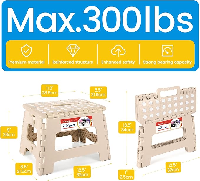 ACSTEP Folding Step Stool - 9 Inch Lightweight Plastic Non-Slip Foldable Stool for Kitchen, Bathroom, Bedroom - Khaki