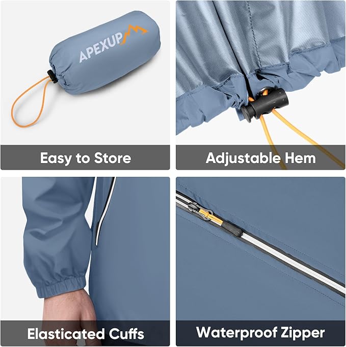 APEXUP Packable Rain Jacket Men with Reflective Zipper, Lightweight Waterproof Raincoat, Mens Rain Jacket for Outdoor Sports