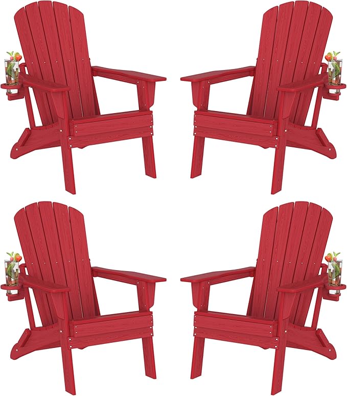 Folding Adirondack Chair Set of 4, SGS Tested, Wooden Textured with Cup Holder, Heavy All-Weather HDPE Comfortable Set Poolside Backyard Lawn,Red