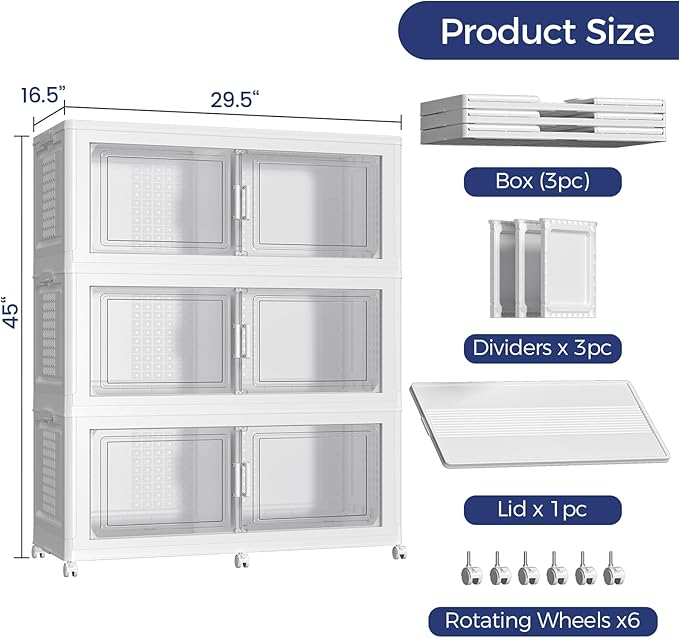 120GAL Extra Large Storage Bins with Lid, 480Qt Stackable Closet Organizers and Drawers, Collapsible Storage Bins with Wheels, Folding Storages Cabinet for Home Bedroom Office, 3Pack White