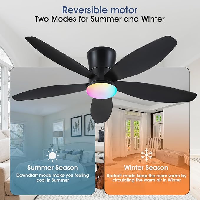 Flush Mount RGB Ceiling Fans with Lights-48 Low Profile Ceiling Fan with Light and Remote/APP Control,DC Reversible,LED Dimmable Blakc Ceiling Fans for Bedroom,Indoor/Outdoor Patio Use
