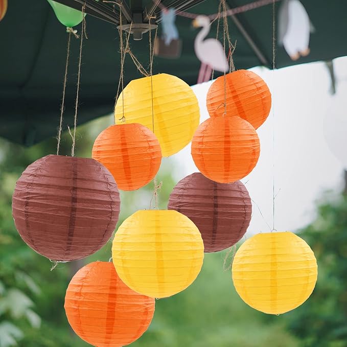 12 Pcs Fall Paper Lanterns Thanksgiving Decorations Yellow Orange and Brown Paper Lanterns Autumn Decorative Round Hanging Party Decorations Harvest Theme Party Supplies