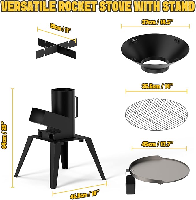 3-in-1 Camp Rocket Stove Kit with BBQ Grate, Griddle, Pot Rack, Portable Wood Burning Stove with Detachable Stand, Camping Gear for Outdoor Cooking Patio Barbecue RV Tailgating, GS345