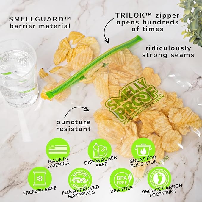 Smelly Proof 50pk Reusable Food Storage Bags - Made in USA, Dishwasher-Safe, BPA FREE, NO PEVA, Clear FLAT Large 3-mil Thick, 8.5" x 10"