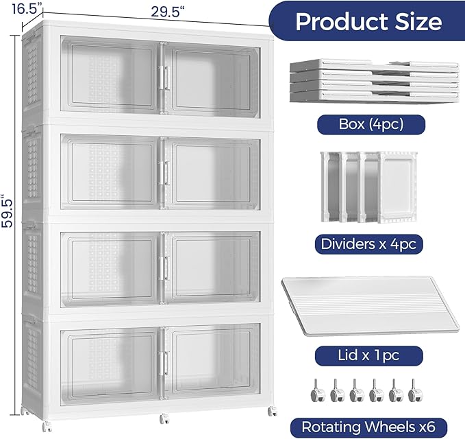 160GAL Extra Large Storage Bins with Lid, 640Qt Stackable Closet Organizers and Drawers, Collapsible Storage Bins with Wheels, Folding Storages Cabinet for Home Bedroom Office, 4Pack White