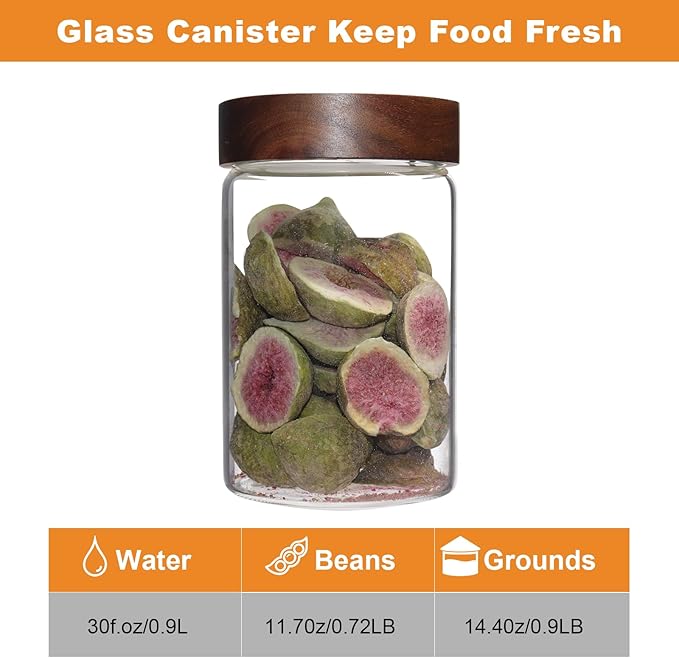 Glass Coffee Jars Spice Jar Round Storage Canister with Wooden Lid Clear Glass Food Jar for Pantry Sugar Tea Coffee Bean Spice Nuts Cookies Bath Salts (900ml/30oz-1 pack)