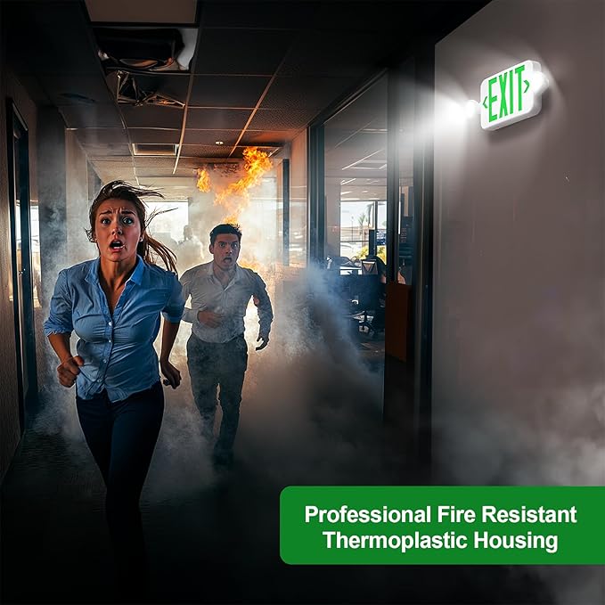 Emergency Exit Sign Lights Combo with Battery Backup, Double Sided Hardwired 6 LEDs Exit Signs, Adjustable Heads Green Emergency Exit Lighting Ceiling/Wall Mount, UL Listed, AC 120/277V (4 Pack)