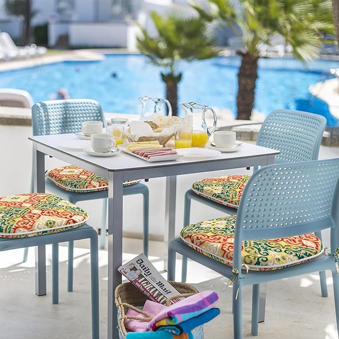 Indoor/Outdoor Chair Cushions 16x17 Inch, Patio Chair Cushions with Ties, All Weather Seat Cushions for Patio Furniture Home Garden Chair Use, Set of 2,Geometric Orange