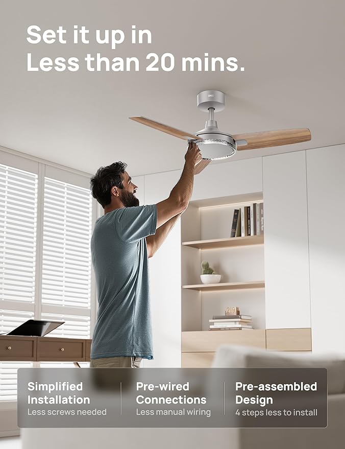 Dreo Smart Ceiling Fans with Lights, 42 Inch Grey Ceiling Fan, 12 Speeds & 3 Fan Modes, Stepless Color Tones, Dimmable LED Light, 1-12H Timer, Quiet DC Motor, Remote/APP/Alexa/Wall Switch Control