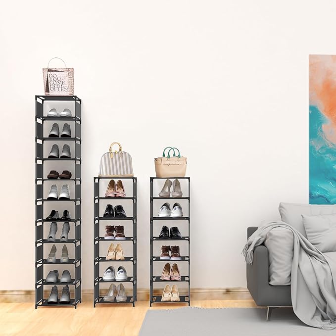 Vertical Narrow Tall Shoe Rack for Front Door Entrance,10 Tiers Sturdy Metal Shoe Rack Organizer for Closet Entryway, Storage Shelf, Space Saving Stackable Shoe Tower