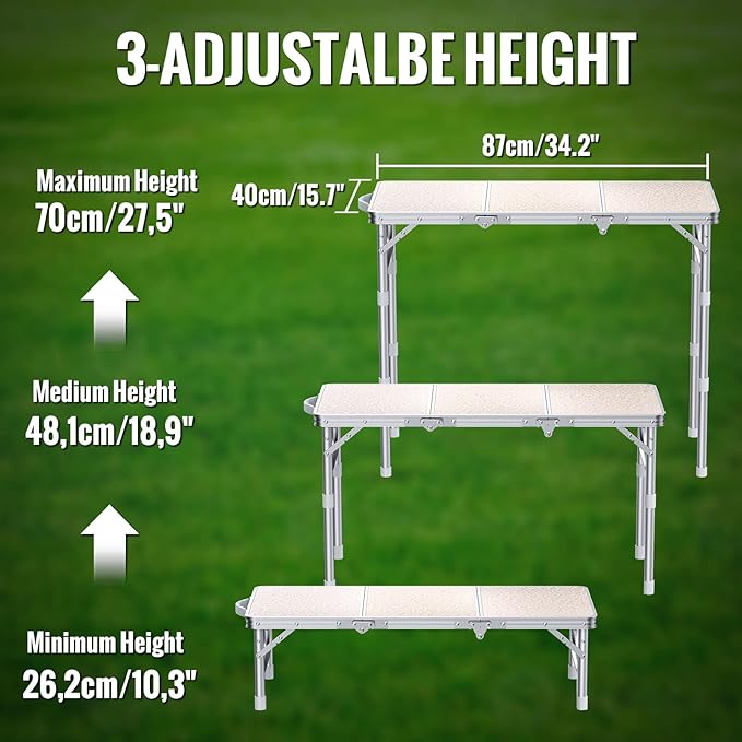 GARLLEN Folding Table for Camping, 3-Adjustable Height Lightweight Folding Picnic Table with Storage Bag, Portable Aluminum Outdoor Table for Outside, Camping, BBQ, 34.2" L x 15.7" W