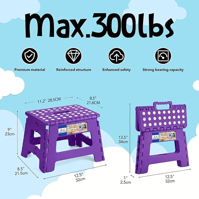 ACKO Folding Step Stool 9 Inch 300 lb Capacity, Plastic Foldable Step Stools for Kids and Adults, Folding Stools Suitable for Kitchen, Stepping Stool with Handle Purple 1PC