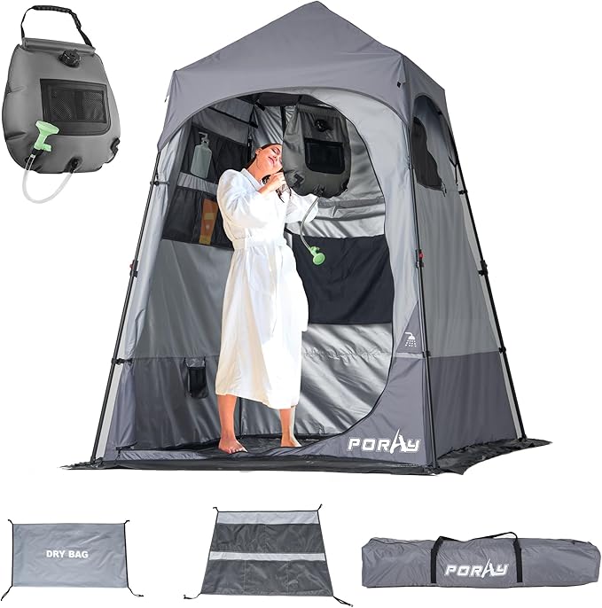 Camping Shower Tent Deluxe Changing Room Easy Set Up Privacy Shelter,Large Toilet Tent with Floor Drain Design for Beach, Camping,Hiking with Stakes and Ropes for Stability