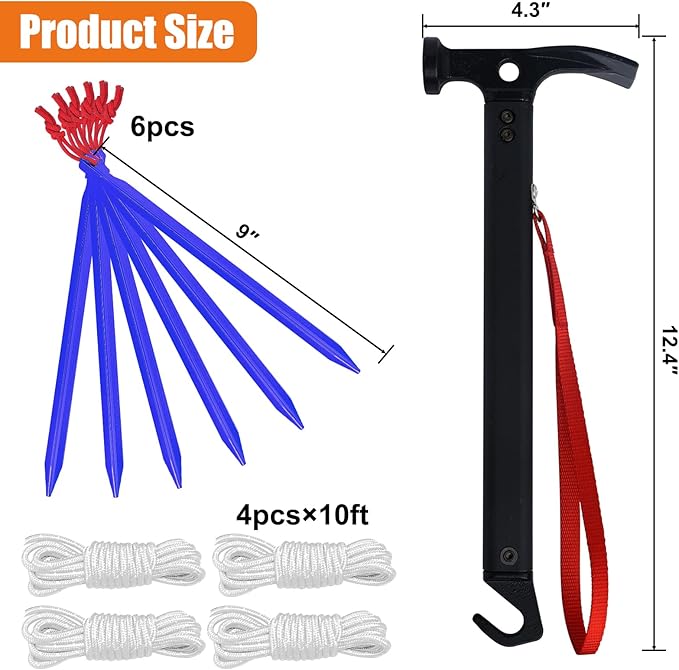 Eurmax USA Hiking Camping Tent Stakes and Hammer Set Lightweight Multi-Function Tent Hammer with Tent Stake Remover,Tent Pegs for Camping, Hiking, Backpacking, Gardening(Blue Stakes)