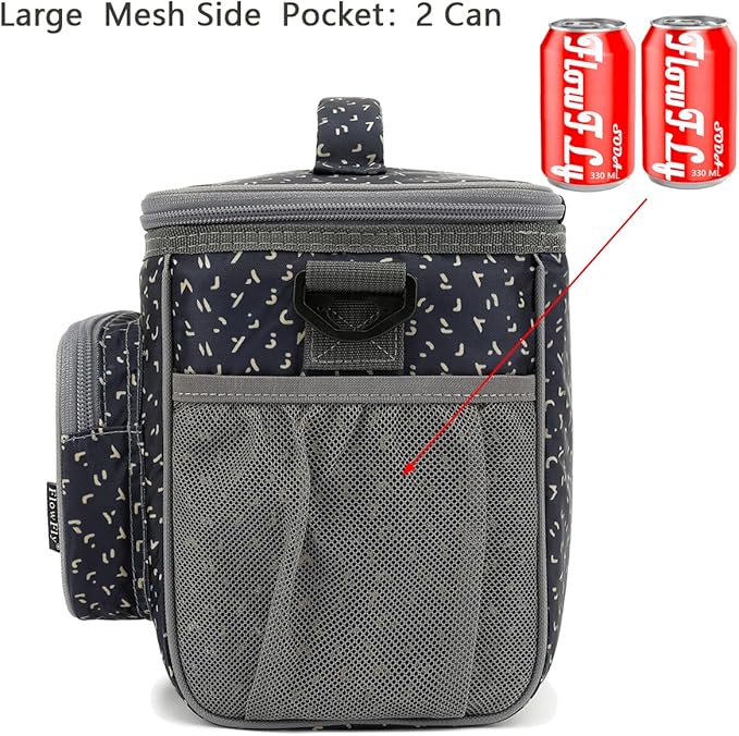 FlowFly Insulated Reusable Lunch Bag Adult Large Lunch Box for Women and Men with Adjustable Shoulder Strap,Front Zipper Pocket and Dual Large Mesh Side Pockets,Alphabet
