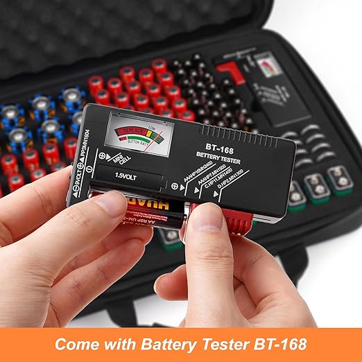 Battery Organizer, Battery Organizer Storage Case with Tester BT-168, Waterproof Battery Holder Box Holds, Battery Case Organizer 145+ AA AAA C D 9V Batteries (Batteries are Not Included)
