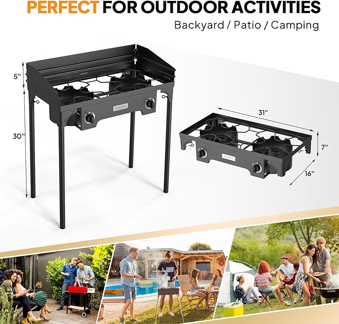 ROVSUN 2 Burner Outdoor Camping Stove with Wind Panel, 150,000 BTU Propane Burner, Gas Cooker with Detachable Legs & CSA Regulator for Home Camp Paito Cooking Frying Canning