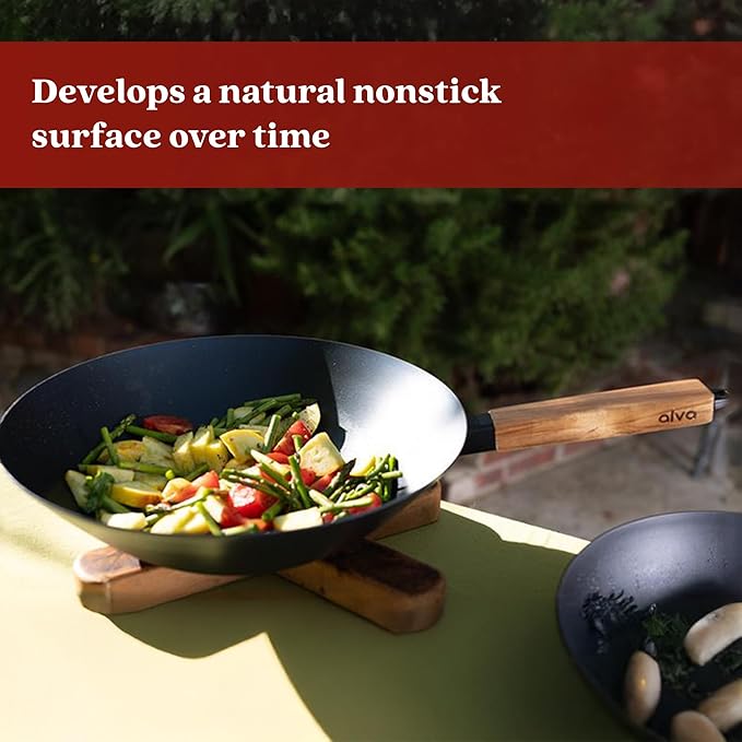 Alva Forest 4 Piece Seasoned Blue High Carbon Steel Pan Set Natural Nonstick Frying Pans Non Toxic PFAS PFOA PTFE Free Carbon Steel Frying Pans & Nonstick Wok Pan Safe for All Stovetops & BBQ