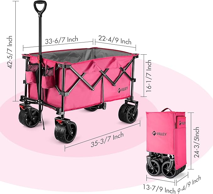 VILLEY Collapsible Folding Wagon with Big Wheels, Enlarged 225lbs Capacity, All Terrain Wagons Carts Heavy Duty Foldable, Portable Utility Garden Cart with 2 Cup Holders and Brake, Pink