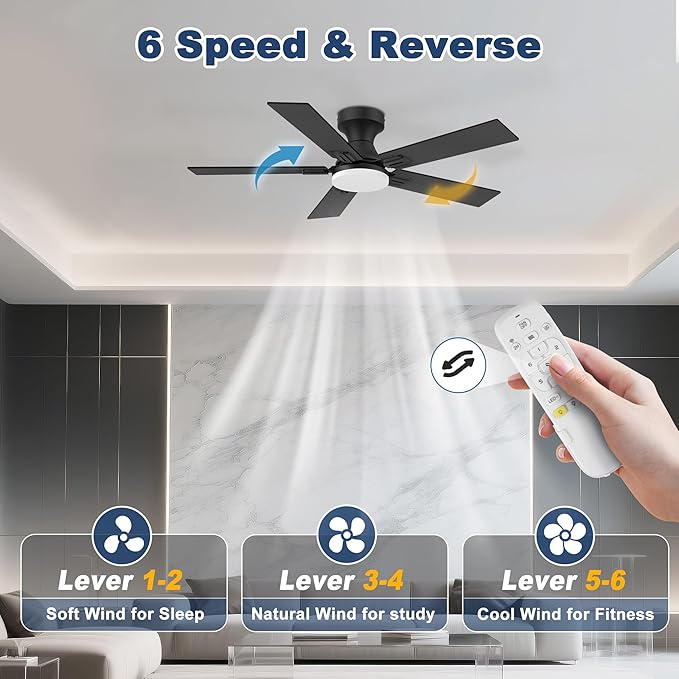 42" Smart Low Profile Ceiling Fan with Lights Remote,6 speed Quite DC Motor,WIFI Voice Control via Alexa App,Dimmable LED,Outdoor Indoor Flush Mount Fans for Small Bedroom Patio Porch,Black&Walnut