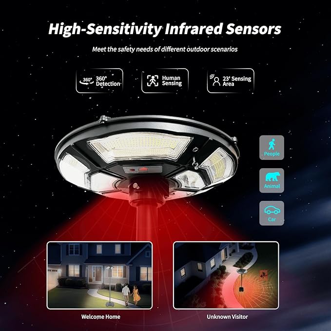 Solar Outdoor Street Light with Pole and Remote, Waterproof Motion Sensor 750-LED Removable Post Light with DC Port for Yard, Patio, Camping, Dusk to Dawn for Outdoor Lighting(Plug Inclues)