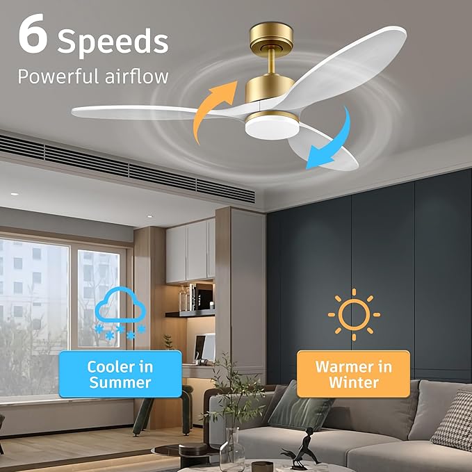 52" Wood Smart Ceiling Fans with Remote,Quiet DC Motor,Dimmable,Control with Alexa Google Voice App,Outdoor Indoor Modern Ceiling Fan for Bedroom Patio,Gold and White