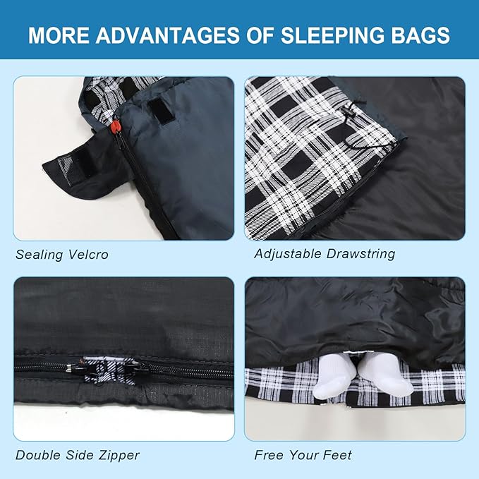 Double Sleeping Bag Flannel for Adults with 2 Pillows 2 Person Sleeping Bags Camping XXL Queen Size Two Person Sleeping Bag for Cold Weather