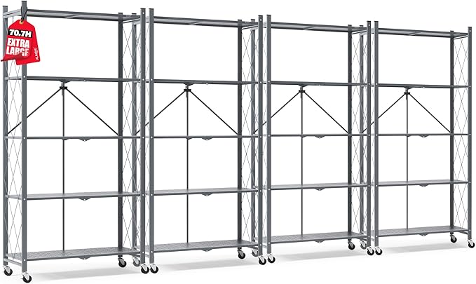 ALANNG 70.7" H Metal Storage Shelves, 5 Tier Folding Shelf on Wheels, Heavy Duty, No Assembly, Rolling, Collapsible Rack Unit for Kitchen, Basement, Pantry (Gray,4 Pack)