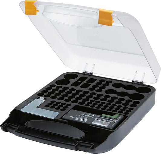 Amazon Basics Battery Organizer with Tester, Wall-Mounted Design, Handle Holds 110 Batteries, Clear/Black