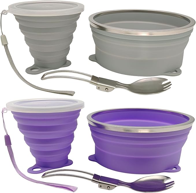 Mess Kit for Camping Silicone Collapsible Bowl Collapsible Cup and Stainless Steel Spoon for Backpacking Outdoor Hiking Traveling and Picnic - 2 Pack