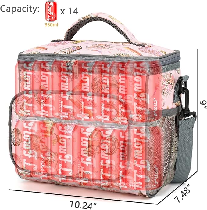 FlowFly Insulated Reusable Lunch Bag Adult Large Lunch Box for Women and Men with Adjustable Shoulder Strap,Front Zipper Pocket and Dual Large Mesh Side Pockets,Rose