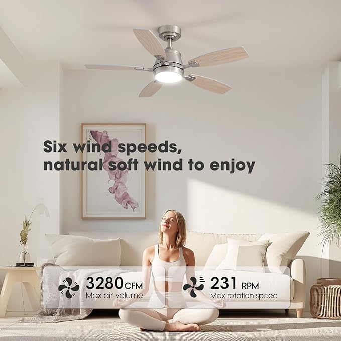 42" Ceiling Fan with Light, Modern Low Profile Ceiling Fan with Light, DC Reversible Motor, Smart APP & Remote Control, Whisper Quiet, Dimmable LED for Bedroom/Living Room