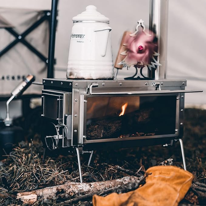 XCMAN Camping Tent Wood Stove with 6 Section Chimney Pipes,Three-View Windows Portable Wood Stove, Ice Fishing Shelters, Hunting, Outdoor Cooking Heavy Gauge 304 Stainless Steel